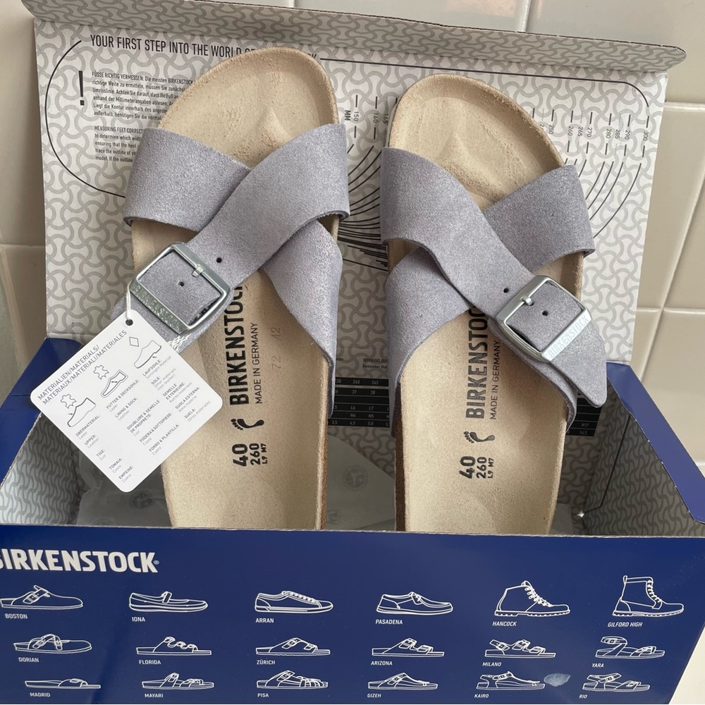 NWT Birkenstock, Siena, Suede Leather, Purple Fog (shimmery) size 40